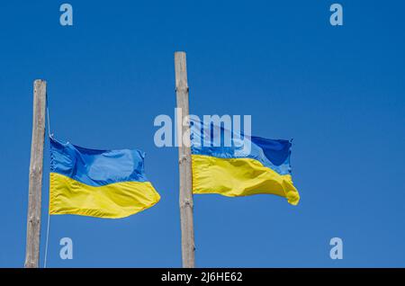 Ukrainische Flagge winkt bei Wind und Sonnenlicht. Flagge der Ukraine auf blauem Himmel Hintergrund. Nationales Symbol für Freiheit und Unabhängigkeit. Stockfoto