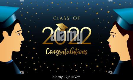 Goldenes Banner der Klasse 2022 mit Studenten in quadratischer akademischer Kappe. Vektorgrafik Stock Vektor