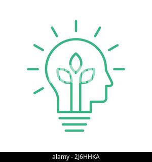 Symbol „Grüne Idee“. Kopf mit Blättern innen. „Think Green“-Konzept. Symbol für Umweltinnovation. Logo für ökologische Lösungen. Hirnbaum wächst. Vektor Stock Vektor