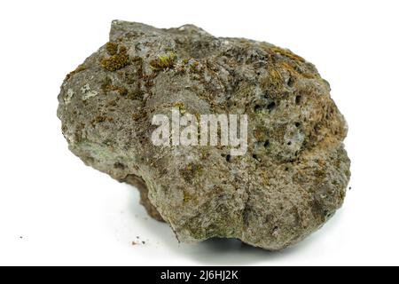 Alter poröser Stein, bewachsen mit Moos auf weißem Grund. Stein für Textur Stockfoto