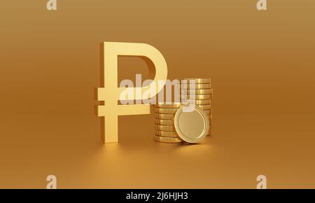 Russisches Rubel-Geld-Symbol neben Stapel von Goldmünzen auf goldenem Hintergrund. Geldwechsel. 3D Rendern. Stockfoto