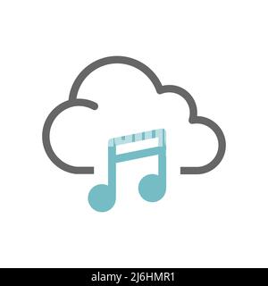 Wolke mit Symbol mit gefüllter Musiknote. Skizzieren Sie das Symbol für Speichermedien und Medien. Stock Vektor