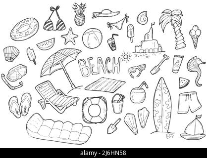 Doodle-Set im Strandstil. Verschiedene sportliche Aktivitäten am Meer und Entspannung - Surfen, Tauchen, Schwimmen, Sonnenbaden. Stock Vektor