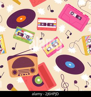 Retro-Musikdruck. Doodle-Kassette mit Klebeband und Kopfhörern im 90s-Stil. Musikspieler und Schallplatte für Grammophon, vintage hell anständigen Vektor-Pop Stock Vektor