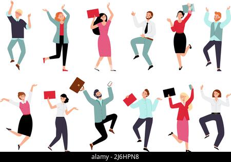 Glückliches Geschäftsteam. Menschen, die in Bürokleidung springen, Motivation und Jubel für die Arbeiter. Freundliche Profis, anständige Corporate-Vektor-Charaktere Stock Vektor