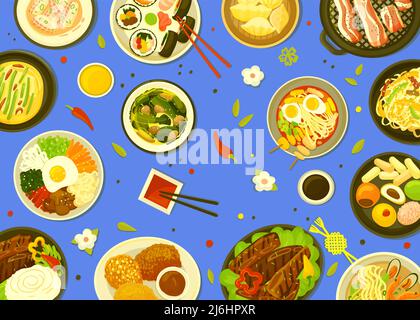 Blick von oben auf koreanisches Essen. Grill, asiatisches oder traditionelles Buffet. Mittagssuppe, Kimchi und bbq. Vegetarische und Fleischgerichte, orientalische Küche, neoterische Vektor Stock Vektor
