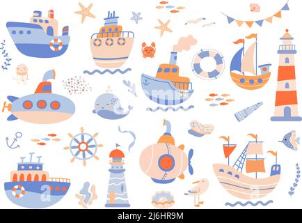 Abenteuer im Meer. Niedlicher Wal und lustige Krabben, Seemann Team-Objekte. Kinder Schiff, Segelboot und U-Boot, kindische Seerparty Nowaday Vektor-Sammlung Stock Vektor