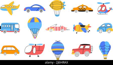 Isolierte Kinder transportieren. Cartoon Kinder Flugzeug, Autos und Heißluftballons. Flache Fahrzeuge Clipart, Auto und Flugzeug. Nowaday Transport Vektor Stock Vektor