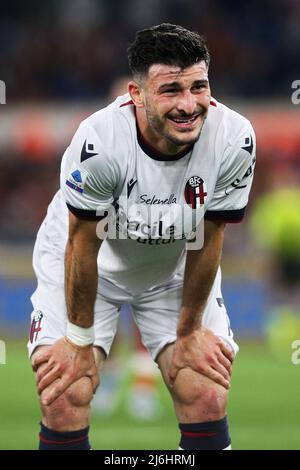 Riccardo Orsolini aus Bologna reagiert während der italienischen Meisterschaft Serie A Fußballspiel zwischen AS Roma und Bologna FC am 1. Mai 2022 im Stadio Olimpico in Rom, Italien - Foto Federico Proietti / DPPI Stockfoto