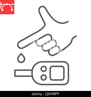 Glucometer-Liniensymbol, Diabetiker und Monitor, Vektor-Symbol für Blutzuckermessgerät, Vektorgrafiken, bearbeitbares Konturenzeichen, eps 10. Stock Vektor