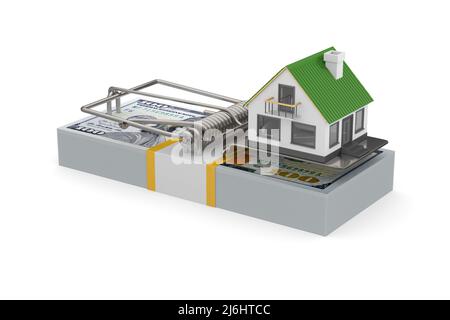 Mausefalle mit Haus auf weißem Hintergrund. Isolierte 3D-Abbildung Stockfoto