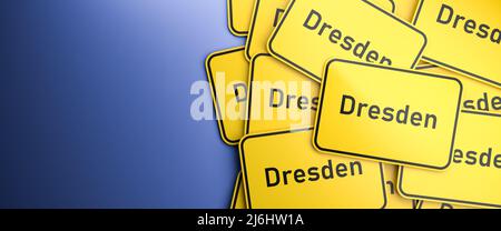 Mehrere Dresdner Stadtbegrenzungsschilder auf einem Haufen. Dresden ist die Hauptstadt des Bundeslandes Sachsen. Das typische gelbe Stadtgrenzschild für deutsche Städte. Stockfoto