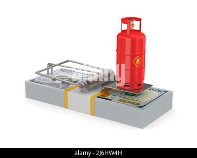 Mausefalle und Gasflasche auf weißem Hintergrund. Isolierte 3D-Darstellung Stockfoto