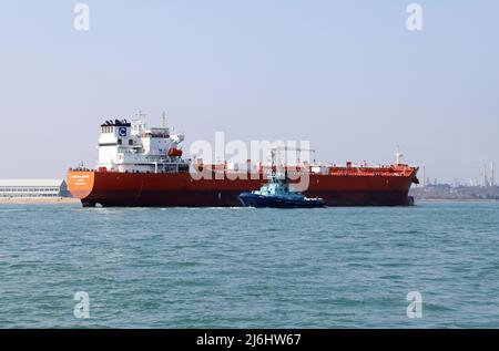 Schlepper Apex besucht den Öltanker Celcius Philadelphia Oil & Chemical am Fawley Oil Terminal auf Southampton Water Stockfoto