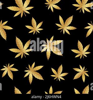 Golden Cannabis hinterlässt ein nahtloses Muster auf schwarzem Hintergrund. Vektorgrafik. Stock Vektor