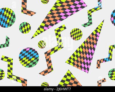 Geometrisches Nahtmuster mit abstraktem Karomuster im 90s-Stil. Verzerrtes mehrfarbiger Raster ihrer Quadrate. Gestaltung von Banner und promotio Stock Vektor