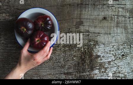 Hand hält eine blaue Meerestomate von einem weißen Teller auf altem Holzhintergrund fest. Speicherplatz kopieren. Draufsicht. Stockfoto