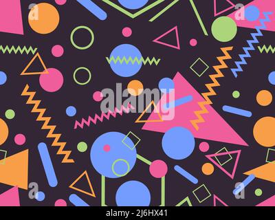 Memphis Nahtloses Muster mit geometrischen Formen im Stil 80s und 90s. Geometrische Formen in verschiedenen Formen und Farben. Design von Werbeprodukten, Stock Vektor