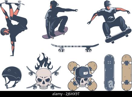 Skateboard-Abzeichen. Monochrome Bilder mit Skate Action extreme Symbole Longboards Skull exakte Vektorabbildungen für Embleme Stock Vektor