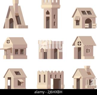 Box für Kinder. Karton Gebäude Schlösser und Häuser grelle Vektor-Illustrationen Stock Vektor