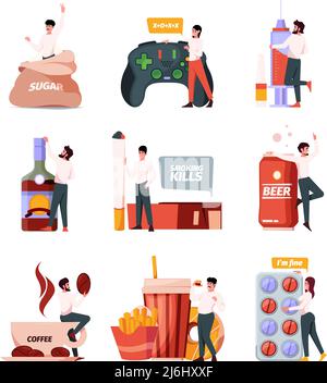 Schlechte Abhängigkeiten. Ablenkungen Gewohnheiten der männlichen und weiblichen Charaktere Drogen Alkoholismus Überessen Rauchen Personen grellen Vektor farbige Bilder eingestellt Stock Vektor