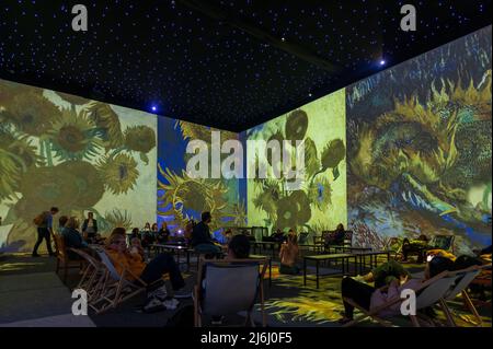 London, Großbritannien. 30. April 2022. Zuschauer beobachten Sunflowers-Serie bei Van Gogh The Immersive Experience mit illustrierten Licht- und Klanggeschichten. Stockfoto