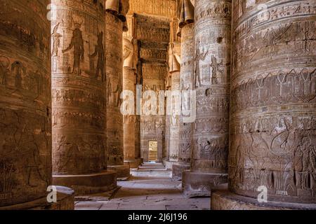 Eine kleine sonnendurchflutete Tür am Ende von zwei Reihen riesiger Säulen, die mit Hieroglyphen bedeckt sind, in der großen heuchlerischen Halle des Tempels von hathor dendera Stockfoto