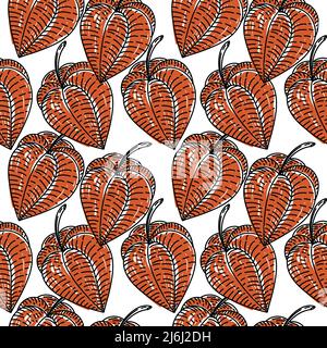Nahtloses Muster mit getrockneten Blüten der Physalis, gezeichnete Elemente eines Doodles im Skizzenstil. Physalis. Leuchtender orangefarbener Hintergrund Stock Vektor