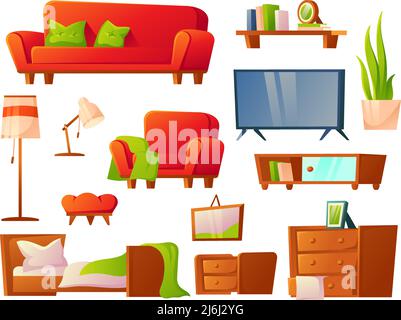 Wohnmöbel. Gemütliche Möbel, Bett und Sofa, Kissen und Bücherregal aus Holz. Wohnung innen Dekorationen, Haus Objekte ordentlich Vektor Stock Vektor