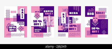 Werbebanner im Memphis-Stil. Coupon-Design, grafische geometrische moderne Rabatt-Poster. Trend Mode Vorlage, Förderung, ordentlich Vektorkarten Stock Vektor