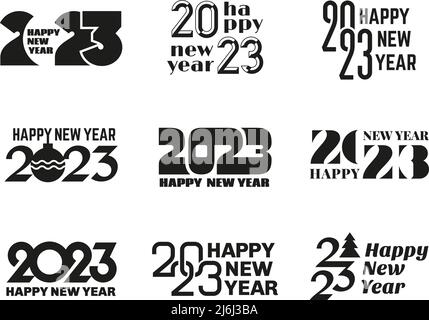 Labels für das neue Jahr 2023. Kreative Zahlen für den Kalender. Feier Logo Design, Typografie Zahlen Logo. Isolierte stilvolle dekorative Datteln, aufgeräumter Vektor Stock Vektor