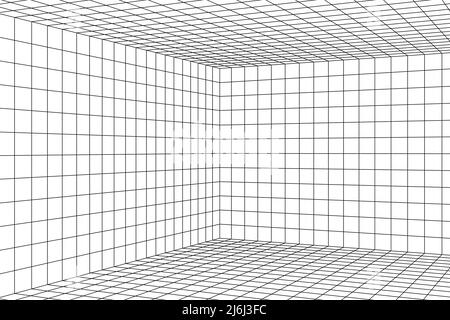 3D digitale zwei-Punkte-Perspektive Rasterraum. Schwarzes Netz auf weißem Hintergrund. Leerer Entwurf für den Studiorahmen im Innenbereich. Virtuelle dreidimensionale Szene. Einfach Stock Vektor