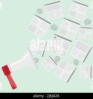 Konzept News verbreiten und teilen, Lautsprecher und Web-Seite Presse. Vektor der Verbreitung und teilen Werbung, Propaganda und Werbung, Rundfunk b Stock Vektor