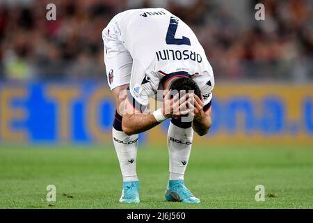 Riccardo Orsolini vom FC Bologna reagiert während des Fußballspiels der Serie A zwischen AS Roma und dem FC Bologna im Olimpico-Stadion in Rom (Italien), Mai 1. Stockfoto