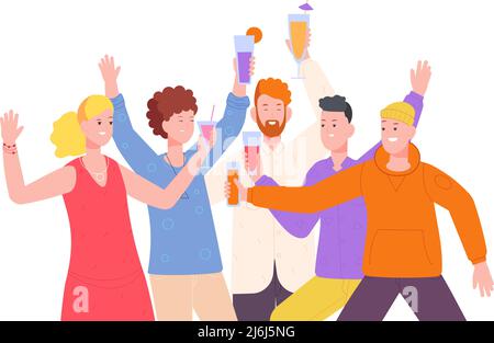 Freunde trinken Alkohol. Die Menschen feiern Party, sagen Toast Prost und Freundschaft, Junge und Mädchen trinken Alkohol Cocktail zusammen, Gruppe junger Student Teenager, Vektor-Illustration von Alkohol-Party Stock Vektor