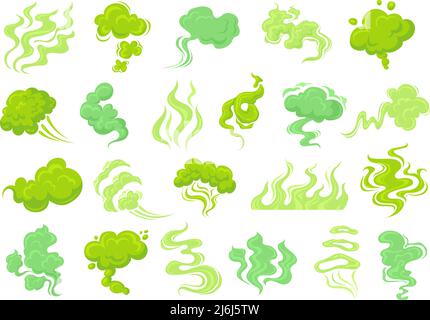 Stinkender Rauch. PU stinken Wolken, alte böse Geruch grüne Dämpfe Giftgas schlechtes Aroma Atem riechenden Fart, faulen Lebensmittelgeruch Duft Kochen Effekt, Cartoon ordentlich Vektor Illustration. Wolke riecht und riecht Stock Vektor