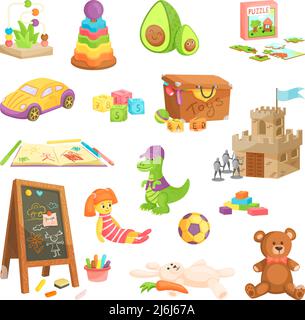 Plüschtiere für den Kindergarten. Baby Plastikspielzeug, Holzwürfel Blöcke für Kindergarten Kinder Säuglinge, Holzsteine Kind Kreidetafel Kind Spielauto, gefüllte Teddybär isoliert Vektor. Illustration von Plastikspielzeug Stock Vektor