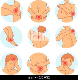 Muskelschmerzen Gelenke. Gefrorene Körper Gelenkverletzung Entzündung Hals Rücken Ellbogen Schulter, Chiropraktiker Behandlung Halswirbelsäule Ischias Kiefer Hand Knie, Cartoon ordentlich Vektor Illustration. Verletzung Muskelschmerzen Stock Vektor