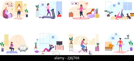 Frau Cardio-Training. Trainieren von Gewichten und Fitnesspraktikas Fitness-Studio, Mädchen springen mit Seil, gesunde Bewegung auf dem Laufband, Hanteln Training, Frauen Sport, Vektor-Illustration von Cardio-Fitness-Übung Stock Vektor