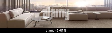 Minimalistisches Wohnzimmer mit Inneneinrichtung. Helle und sonnige moderne Wohnung mit großen Fenstern und Blick auf den Sonnenuntergang. 3D Darstellung rendern. Stockfoto