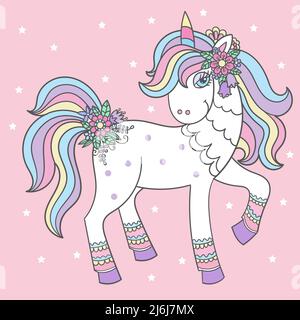 Lustige Cartoon Einhorn mit Regenbogen Mähne und Blumen. Vektor Stock Vektor