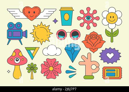 Kollektion dekorative Pop Art Grafik Elemente groovy Stil T-Shirt Druck Design Vektor Cartoon Illustration. Setzen Sie Sommerurlaub Hippie sunglas Stock Vektor
