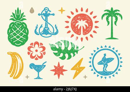 Sommer Symbole und Objekte setzen Vektor-Illustration. Reife Ananas mit Sommercocktail und blühender Blume. Symbole des Blitzes und Sterne mit Haufen Stock Vektor