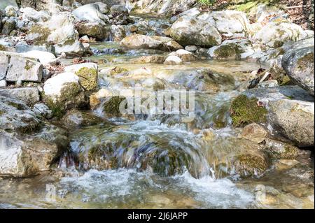 Bergbach, Wassermangel oder -Fülle und Dürre. Trockene Flüsse. Stockfoto