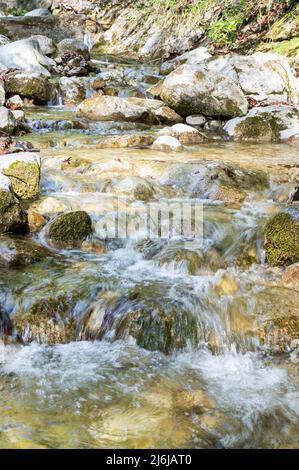 Bergbach, Wassermangel oder -Fülle und Dürre. Trockene Flüsse. Stockfoto