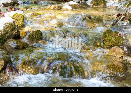 Bergbach, Wassermangel oder -Fülle und Dürre. Trockene Flüsse. Stockfoto