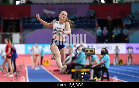 Leonie Cambours nimmt an den Hallenweltmeisterschaften in Belgrad 2022 im Hochsprung des Fünfkampfs Teil. Stockfoto