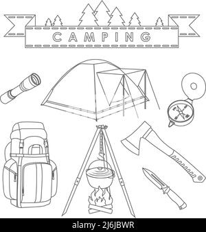 Silhouette Illustration verschiedene Art von Campingausrüstung und Objekte auf weißem Hintergrund. Stock Vektor