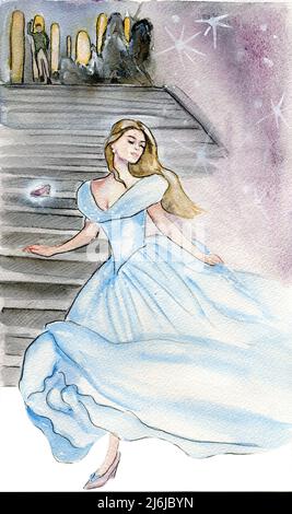 Cinderella rennt vor dem Prinzen weg und verliert ihren Schuh auf der Treppe Stockfoto