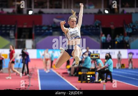 Leonie Cambours nimmt an den Hallenweltmeisterschaften in Belgrad 2022 im Hochsprung des Fünfkampfs Teil. Stockfoto